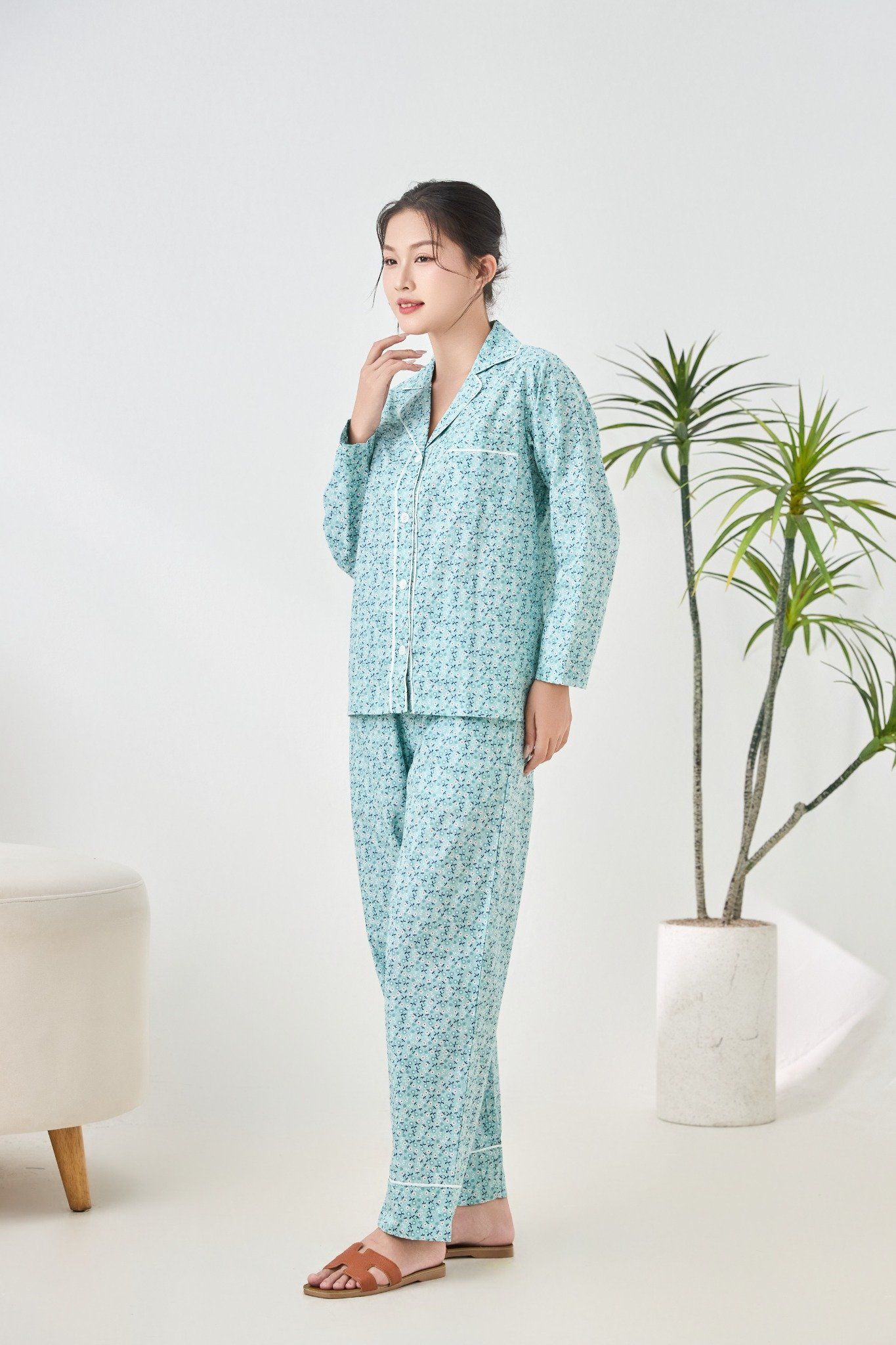 A45212515 - Bộ Pijama dài tay cao cấp Ailai cotton hoa viền đôi