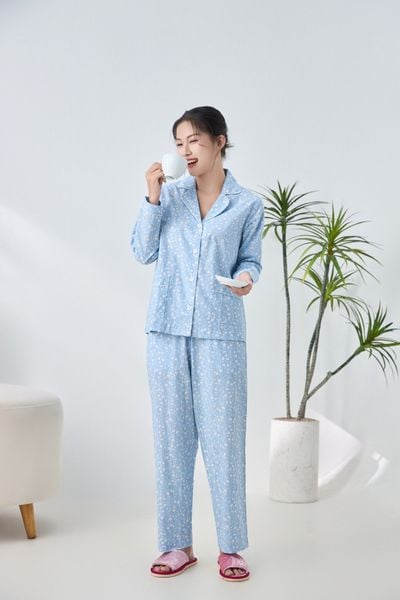 A45212516 - Bộ Pijama dài tay cao cấp Ailai cotton hoa viền lé