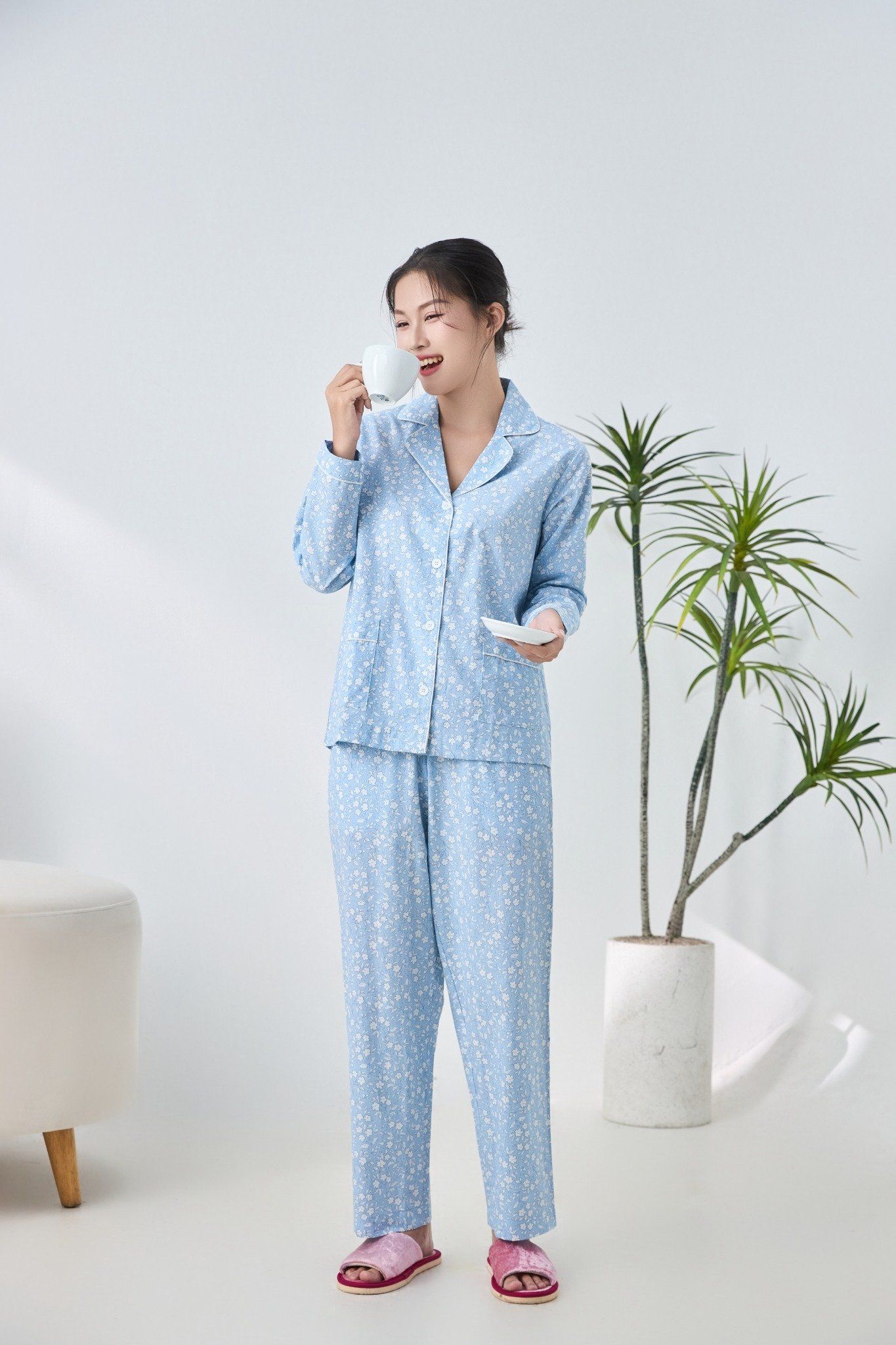 A45212516 - Bộ Pijama dài tay cao cấp Ailai cotton hoa viền lé