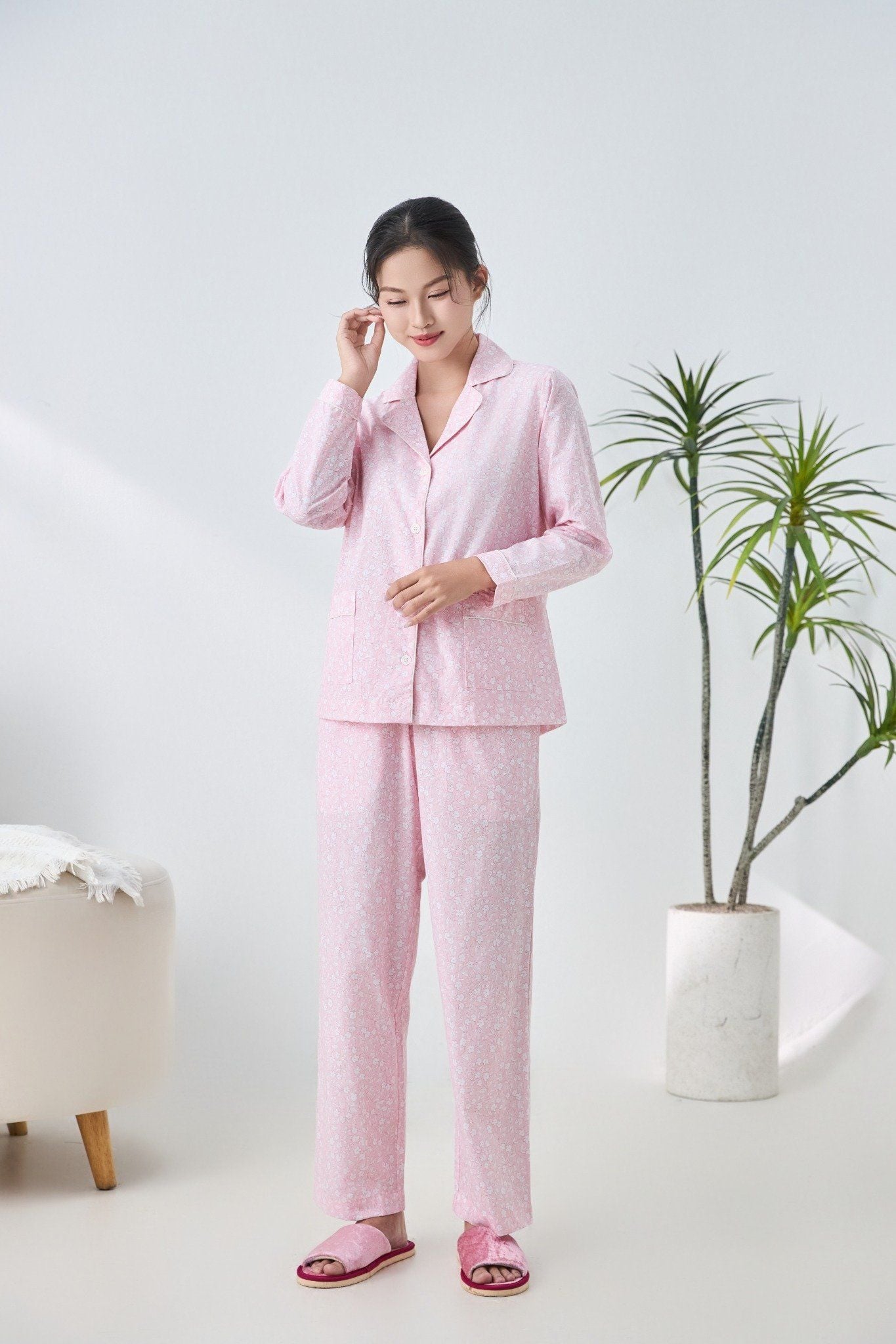 A45212516 - Bộ Pijama dài tay cao cấp Ailai cotton hoa viền lé