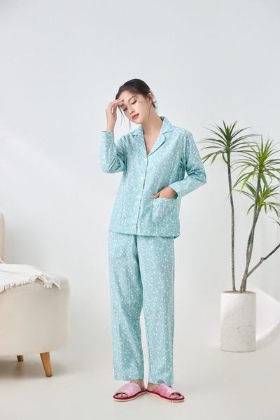 A45212516 - Bộ Pijama dài tay cao cấp Ailai cotton hoa viền lé
