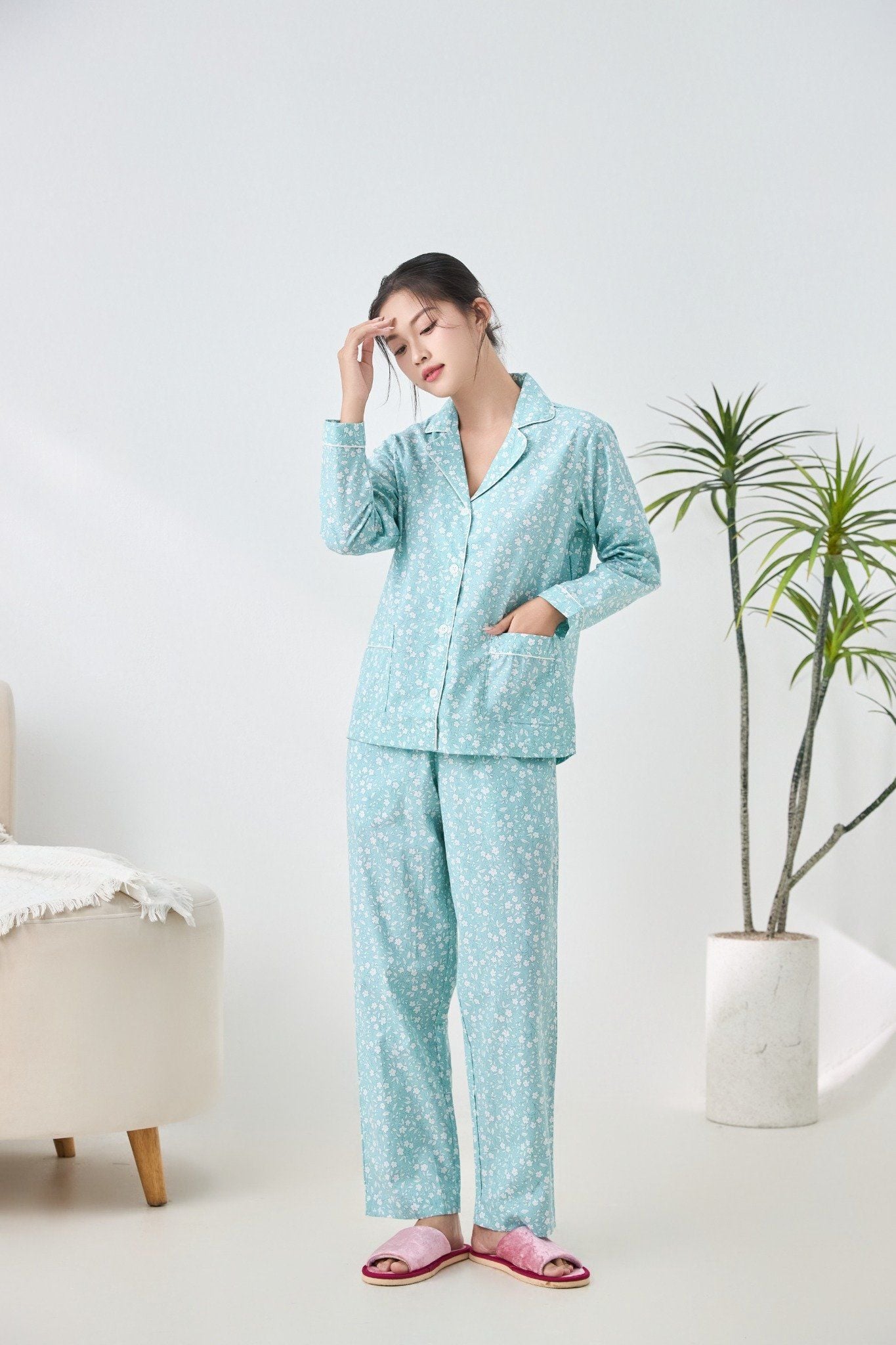 A45212516 - Bộ Pijama dài tay cao cấp Ailai cotton hoa viền lé