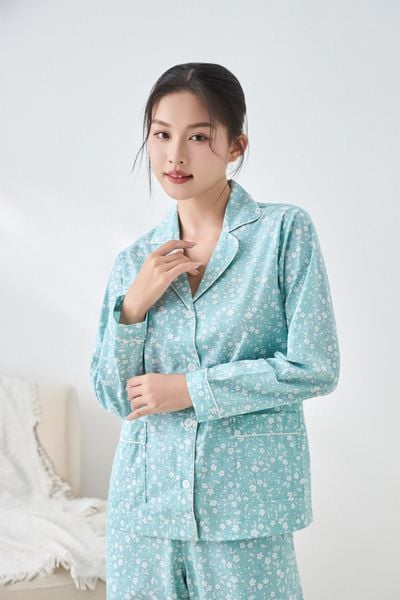 A45212516 - Bộ Pijama dài tay cao cấp Ailai cotton hoa viền lé