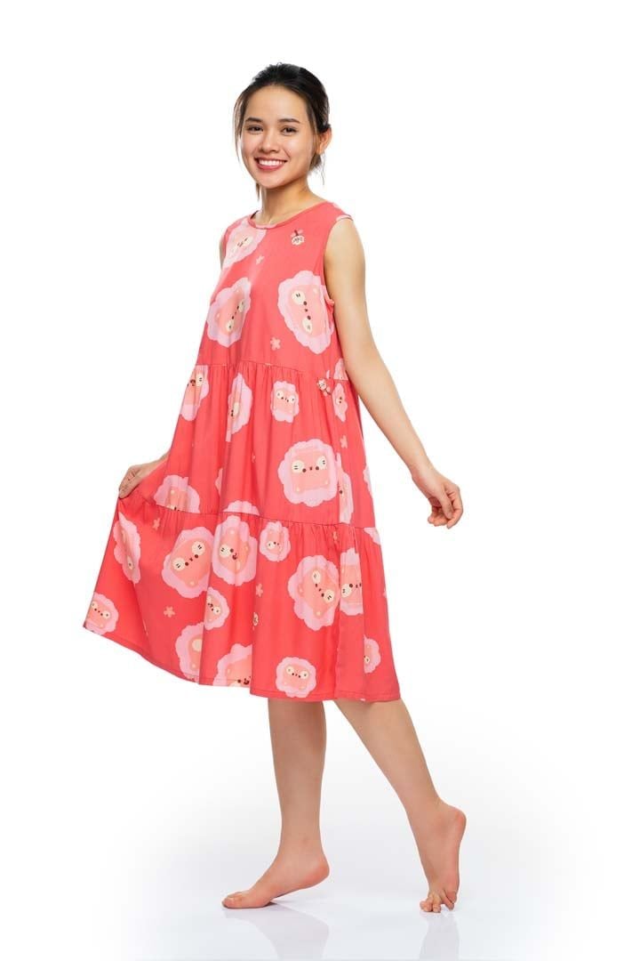  A47112201 - Đầm mặc nhà rayon hoa sát nách, cổ tròn, 2 tầng 