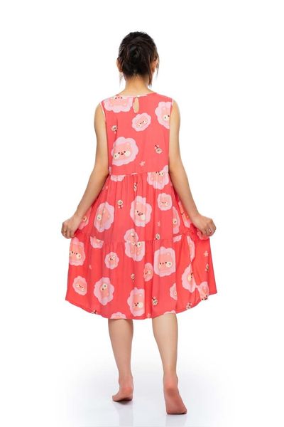 A47112201 - Đầm mặc nhà rayon hoa sát nách, cổ tròn, 2 tầng