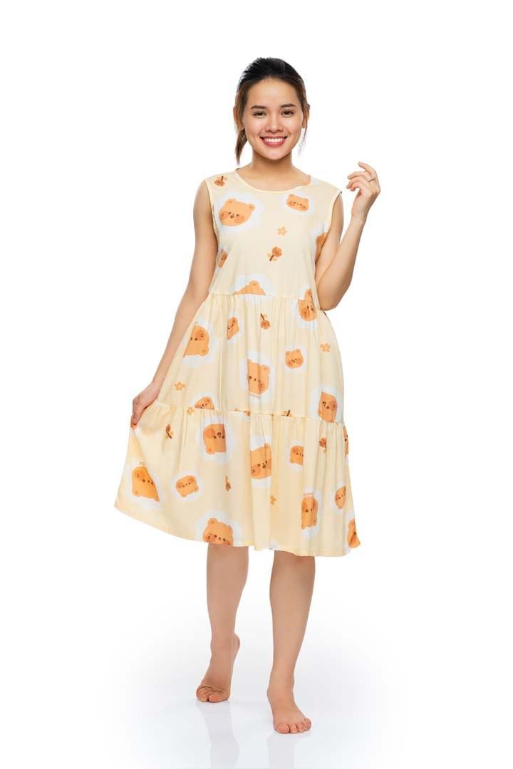  A47112201 - Đầm mặc nhà rayon hoa sát nách, cổ tròn, 2 tầng 