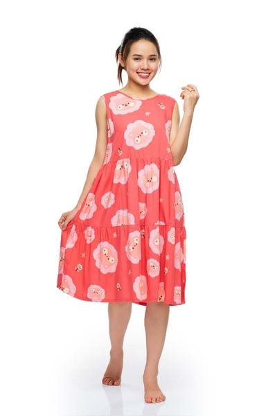 A47112201 - Đầm mặc nhà rayon hoa sát nách, cổ tròn, 2 tầng