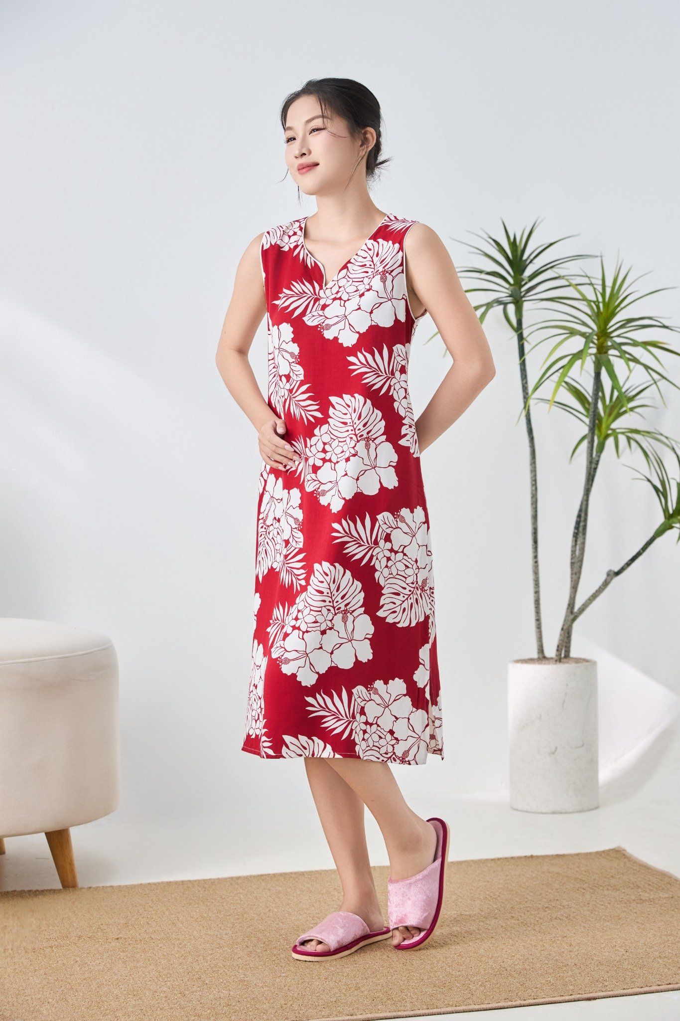 A471432504 - Đầm mặc nhà Lanh chéo cổ tim sát nách mềm mại thoáng mát