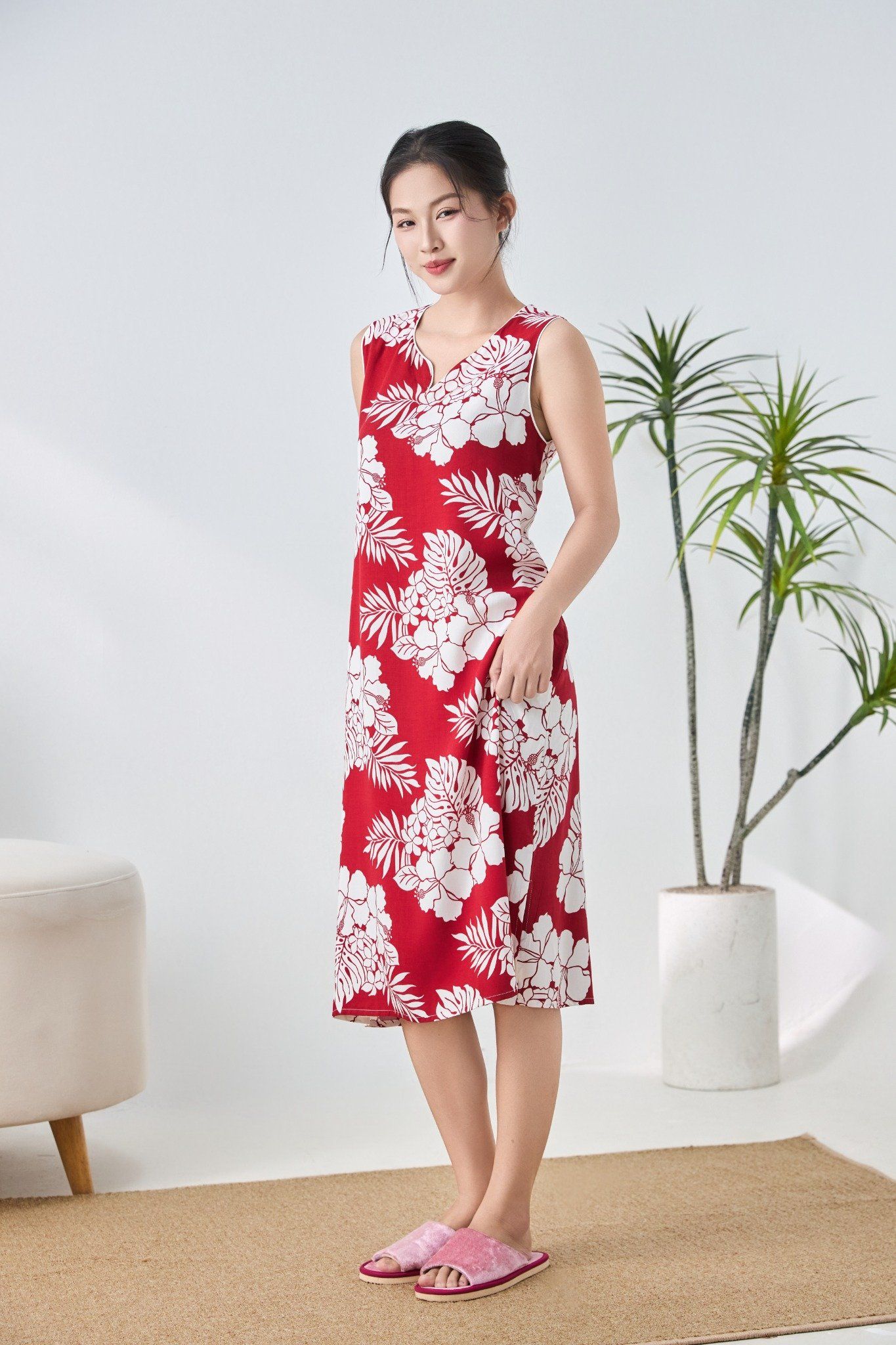 A471432504 - Đầm mặc nhà Lanh chéo cổ tim sát nách mềm mại thoáng mát