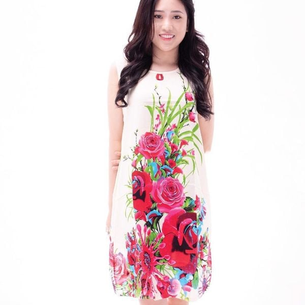 Q47118010 - Đầm mặc nhà dáng xuông vải hoa chất lanh mềm mại thoáng mát