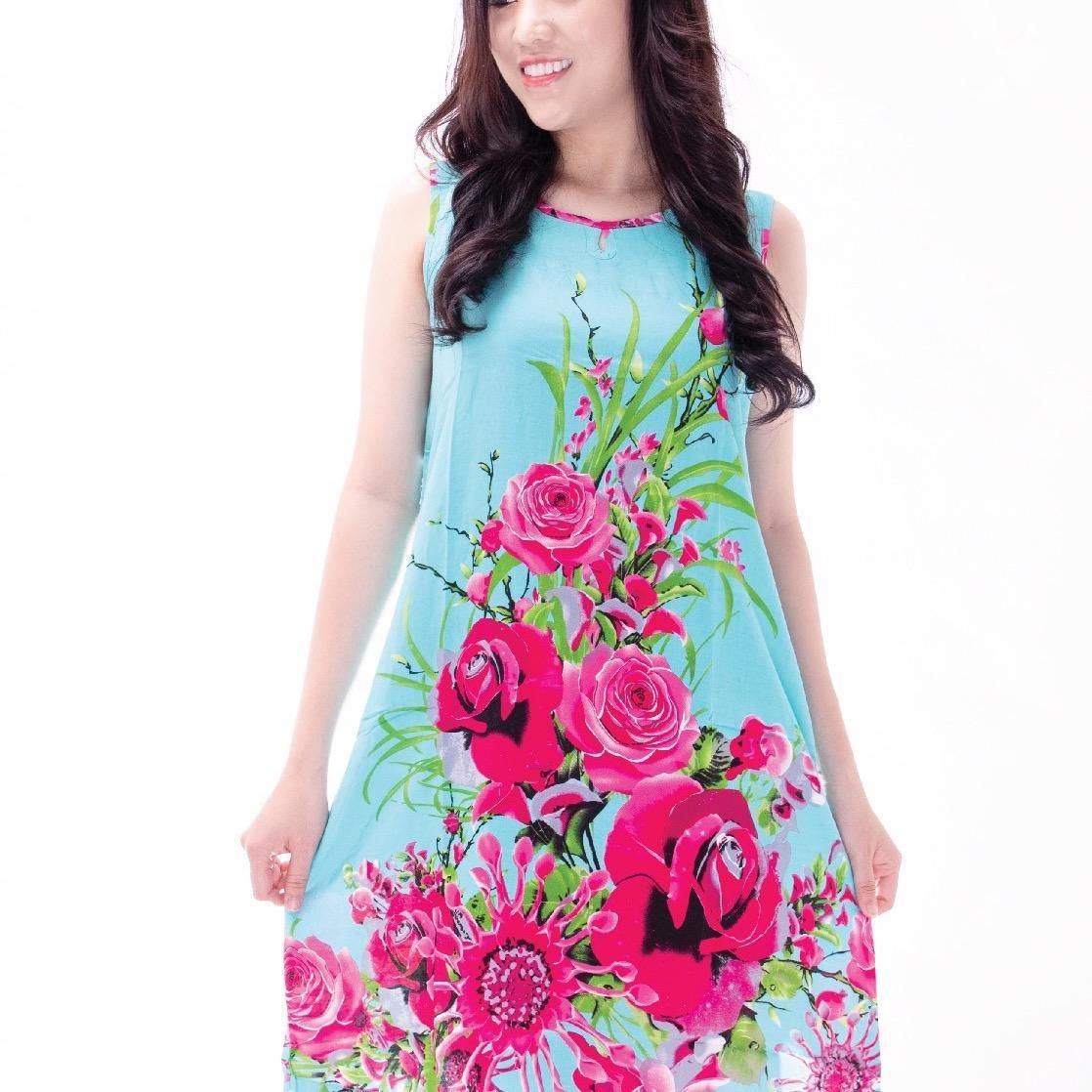 Q47118010 - Đầm mặc nhà dáng xuông vải hoa chất lanh mềm mại thoáng mát