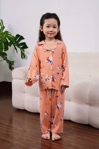 Q351132411 - Bộ mặc nhà bé gái Pijama dài tay quần dài chất vải lanh thoáng mát