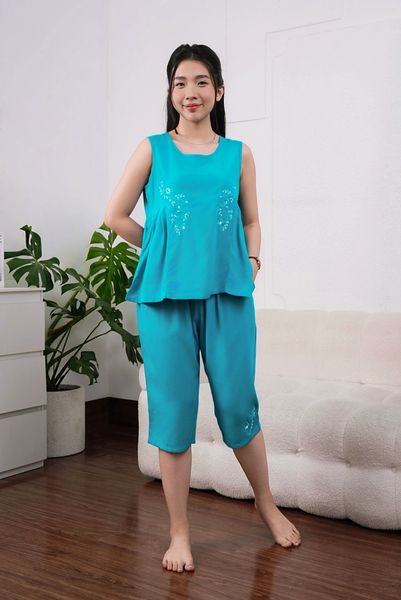 A44128020 - Đồ bộ mặc nhà bộ lửng Rayon màu thêu, cổ tròn