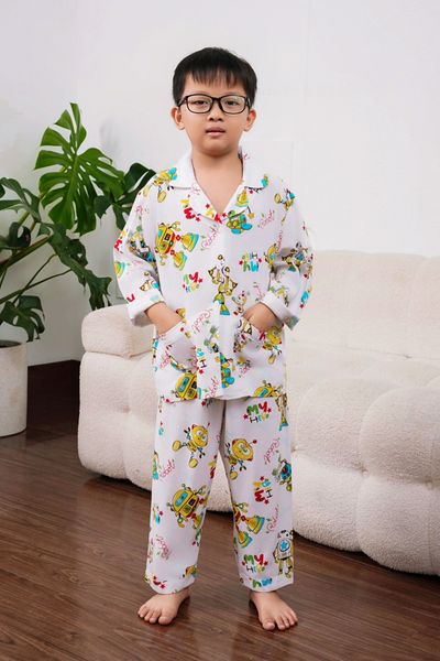 Q351132411 - Bộ mặc nhà trẻ em Pijama tay dài quần dài chất vải lanh thoáng mát
