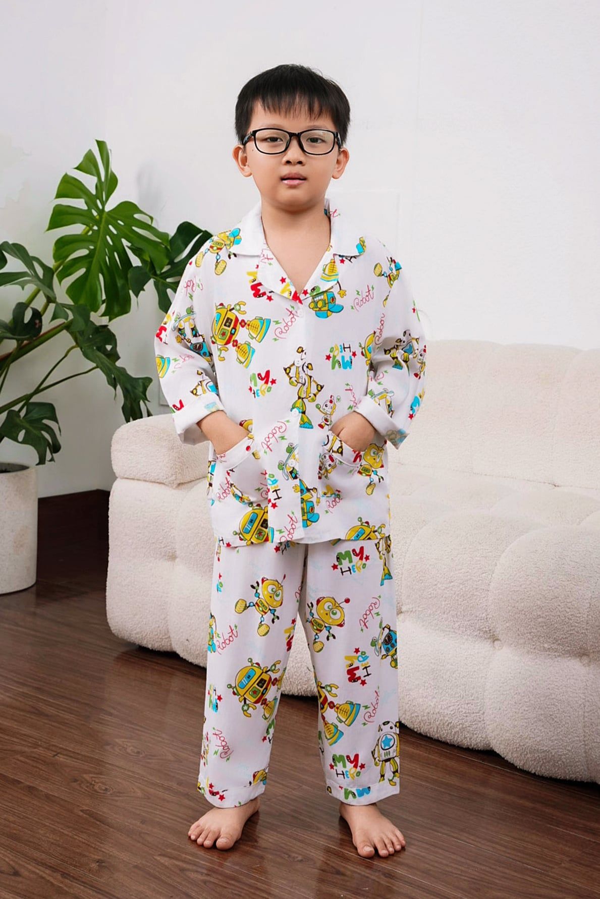 Q351132411 - Bộ mặc nhà trẻ em Pijama tay dài quần dài chất vải lanh thoáng mát