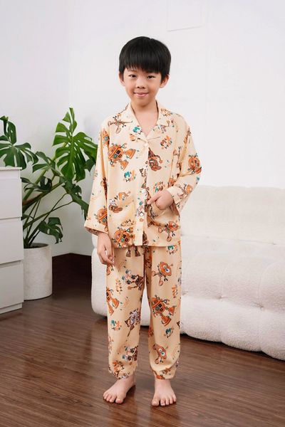 Q351132411 - Bộ mặc nhà trẻ em Pijama tay dài quần dài chất vải lanh thoáng mát
