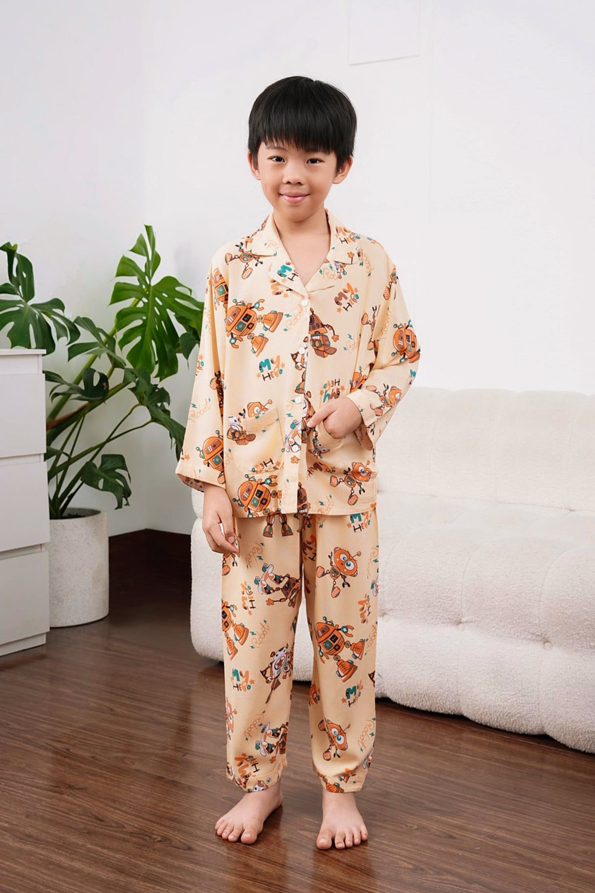Q351132411 - Bộ mặc nhà trẻ em Pijama tay dài quần dài chất vải lanh thoáng mát
