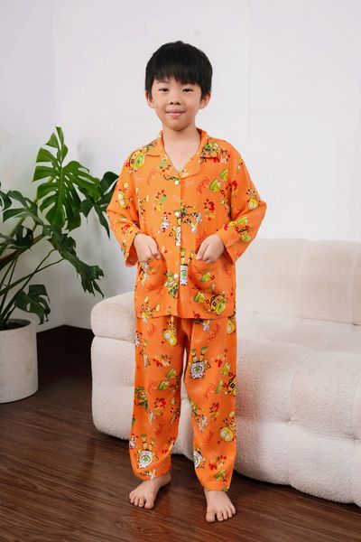 Q351132411 - Bộ mặc nhà trẻ em Pijama tay dài quần dài chất vải lanh thoáng mát