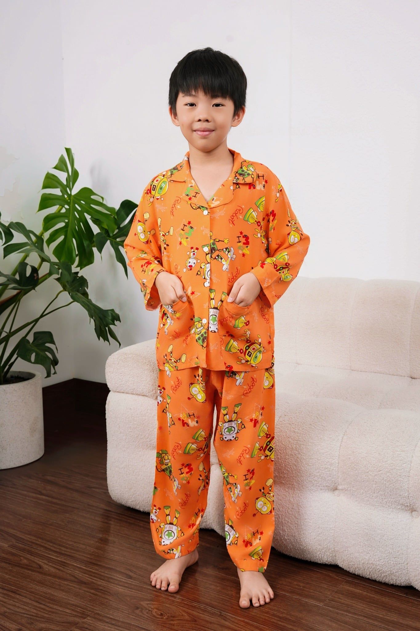 Q351132411 - Bộ mặc nhà trẻ em Pijama tay dài quần dài chất vải lanh thoáng mát