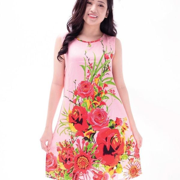 Q47118010 - Đầm mặc nhà dáng xuông vải hoa chất lanh mềm mại thoáng mát