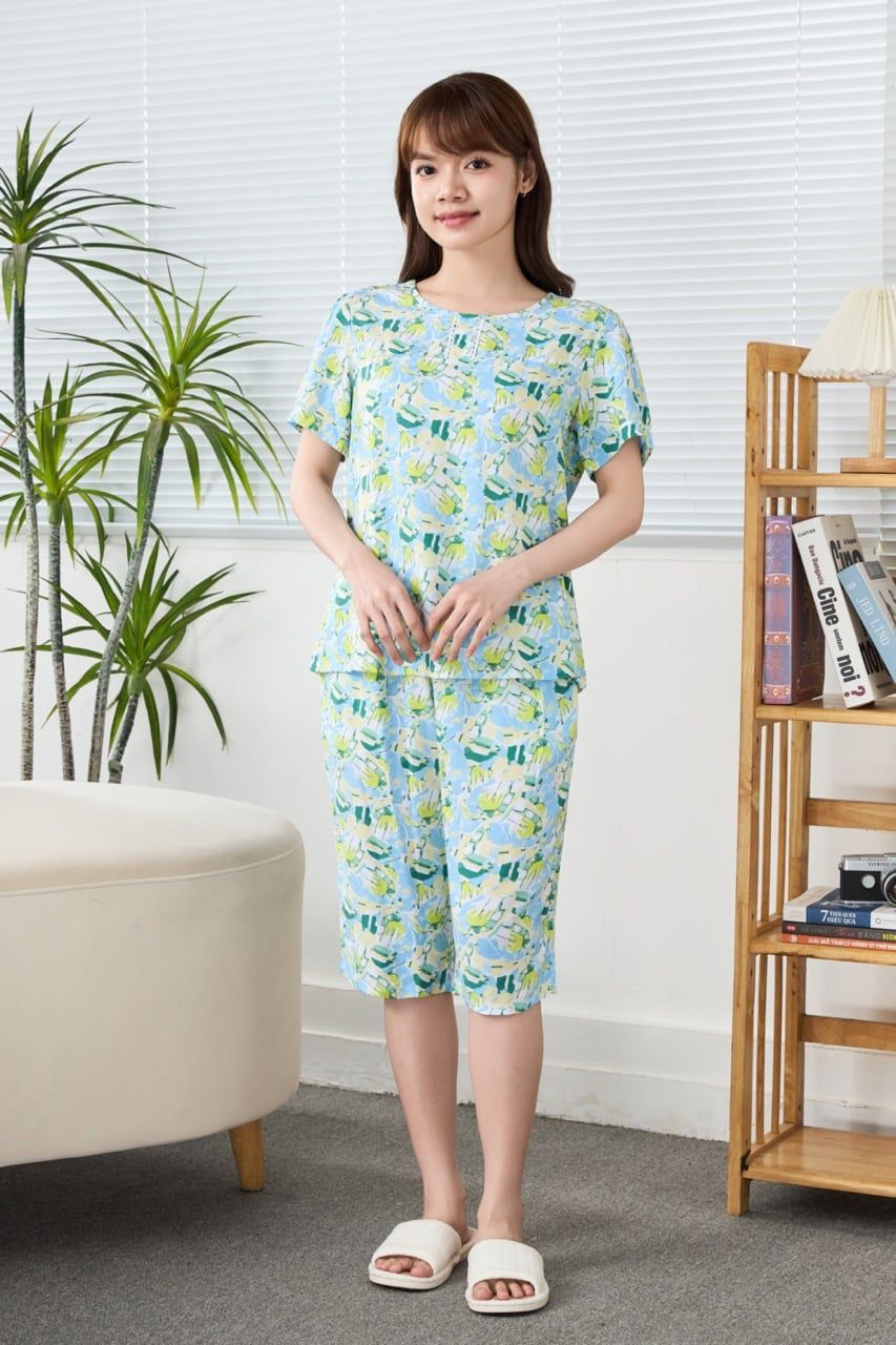 A441142503 - Bộ Lửng Mặc Nhà Lanh Phối Ren Tay Phồng