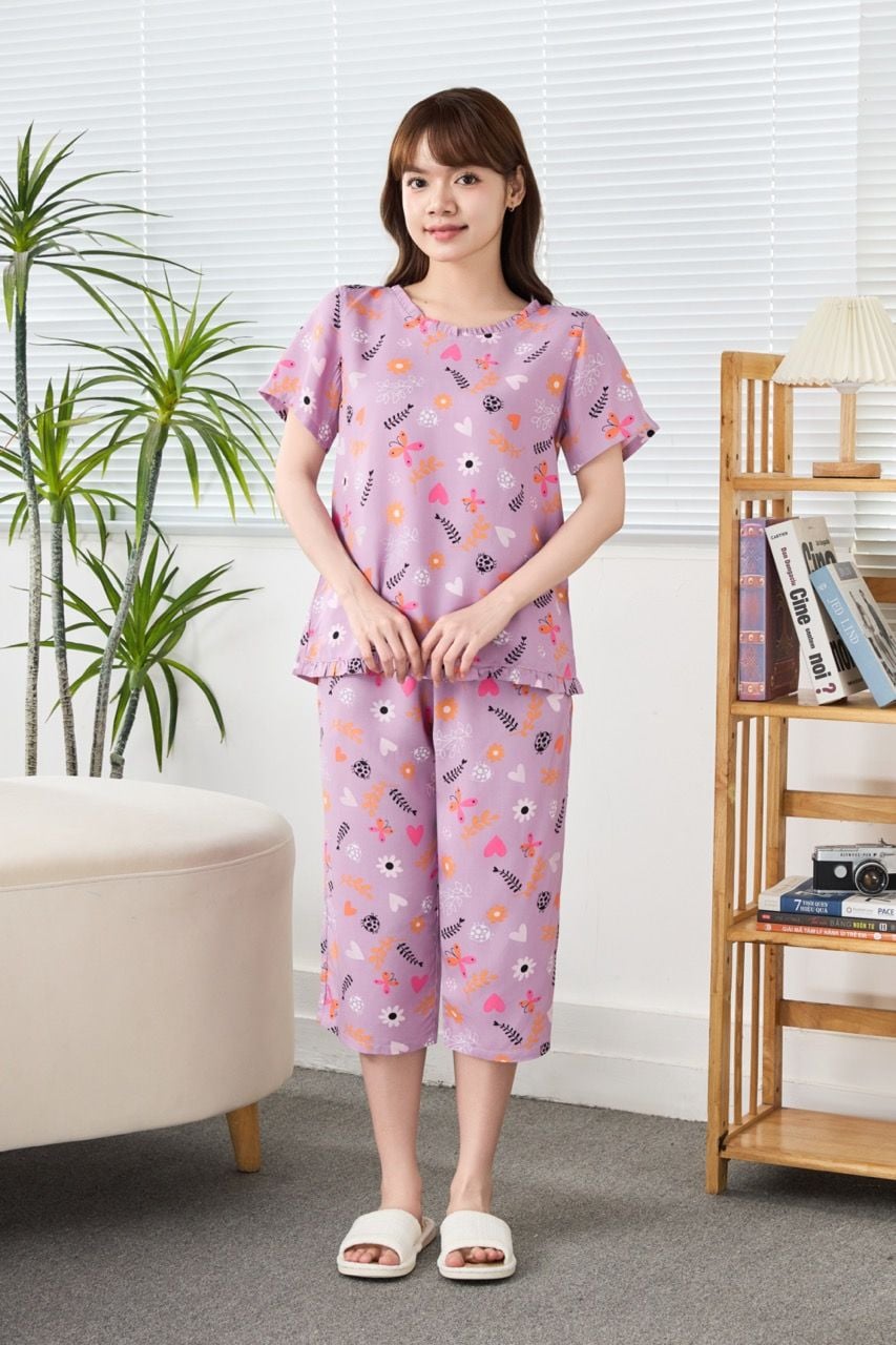 A441142603 - Bộ Lửng Mặc Nhà Lanh Cổ Tim Bèo Tay Ngắn