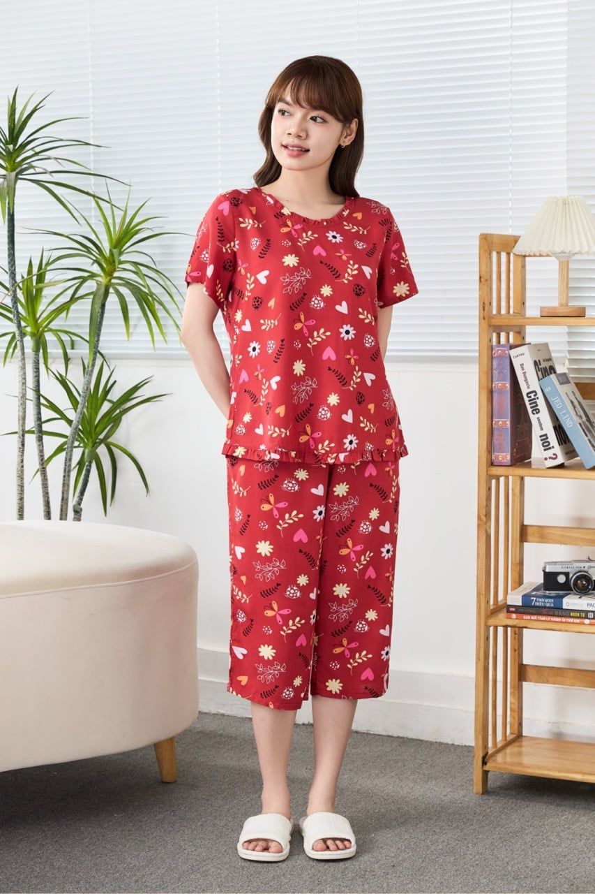A441142603 - Bộ Lửng Mặc Nhà Lanh Cổ Tim Bèo Tay Ngắn