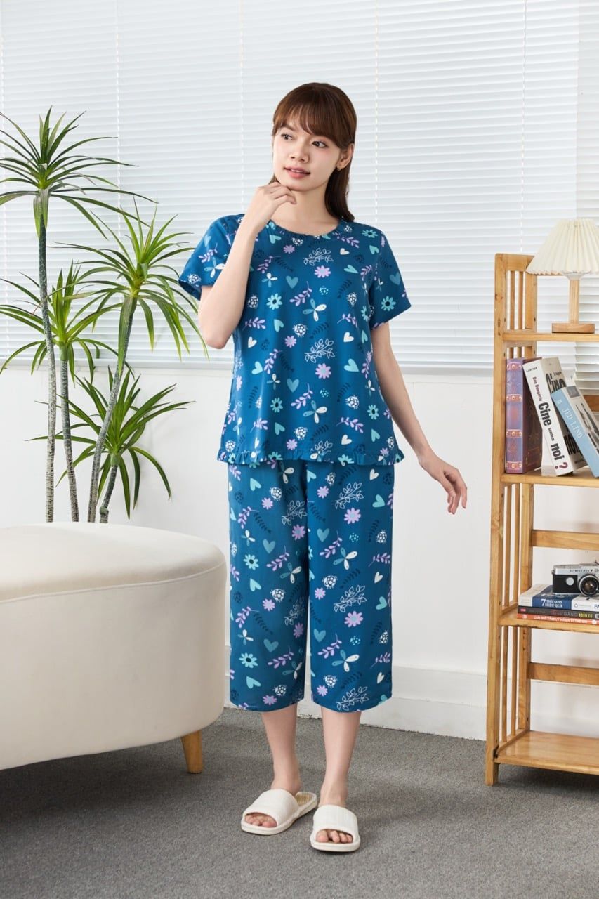A441142603 - Bộ Lửng Mặc Nhà Lanh Cổ Tim Bèo Tay Ngắn