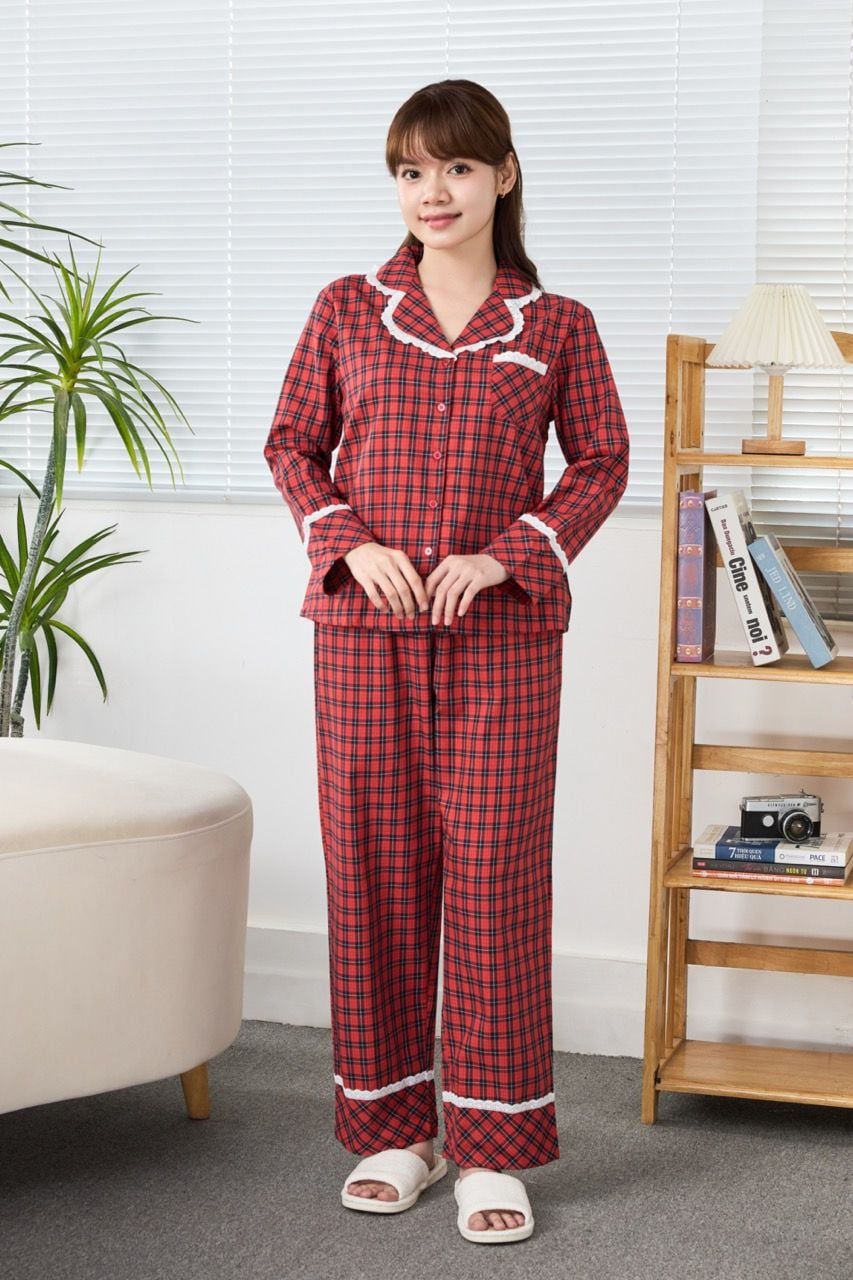 A45212510 - Bộ Dài Pijama Cotton Phối Ren Tay Dài