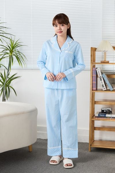 A45212510 - Bộ Dài Pijama Cotton Phối Ren Tay Dài