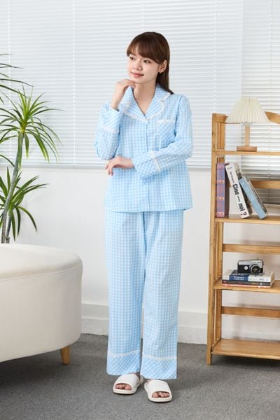 A45212510 - Bộ Dài Pijama Cotton Phối Ren Tay Dài