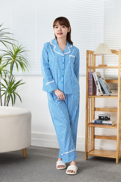A45212510 - Bộ Dài Pijama Cotton Phối Ren Tay Dài