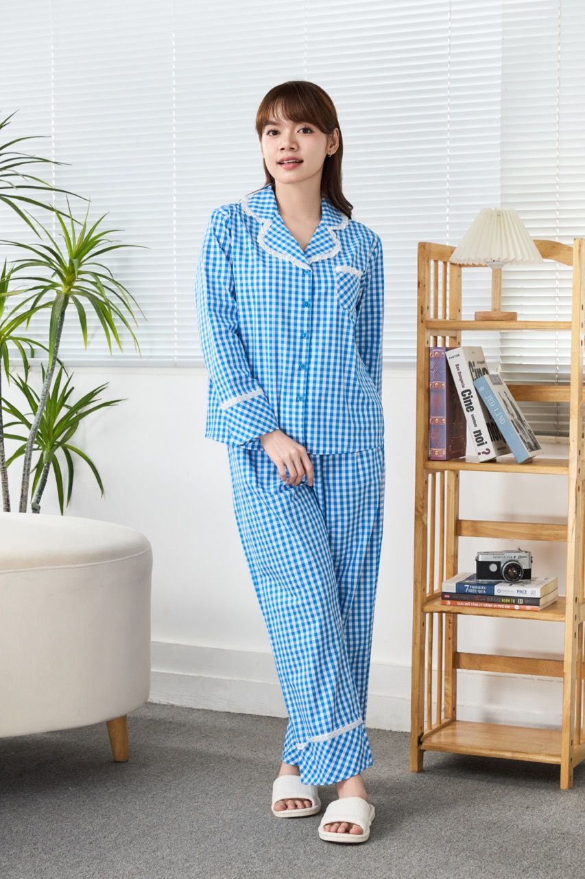 A45212510 - Bộ Dài Pijama Cotton Phối Ren Tay Dài