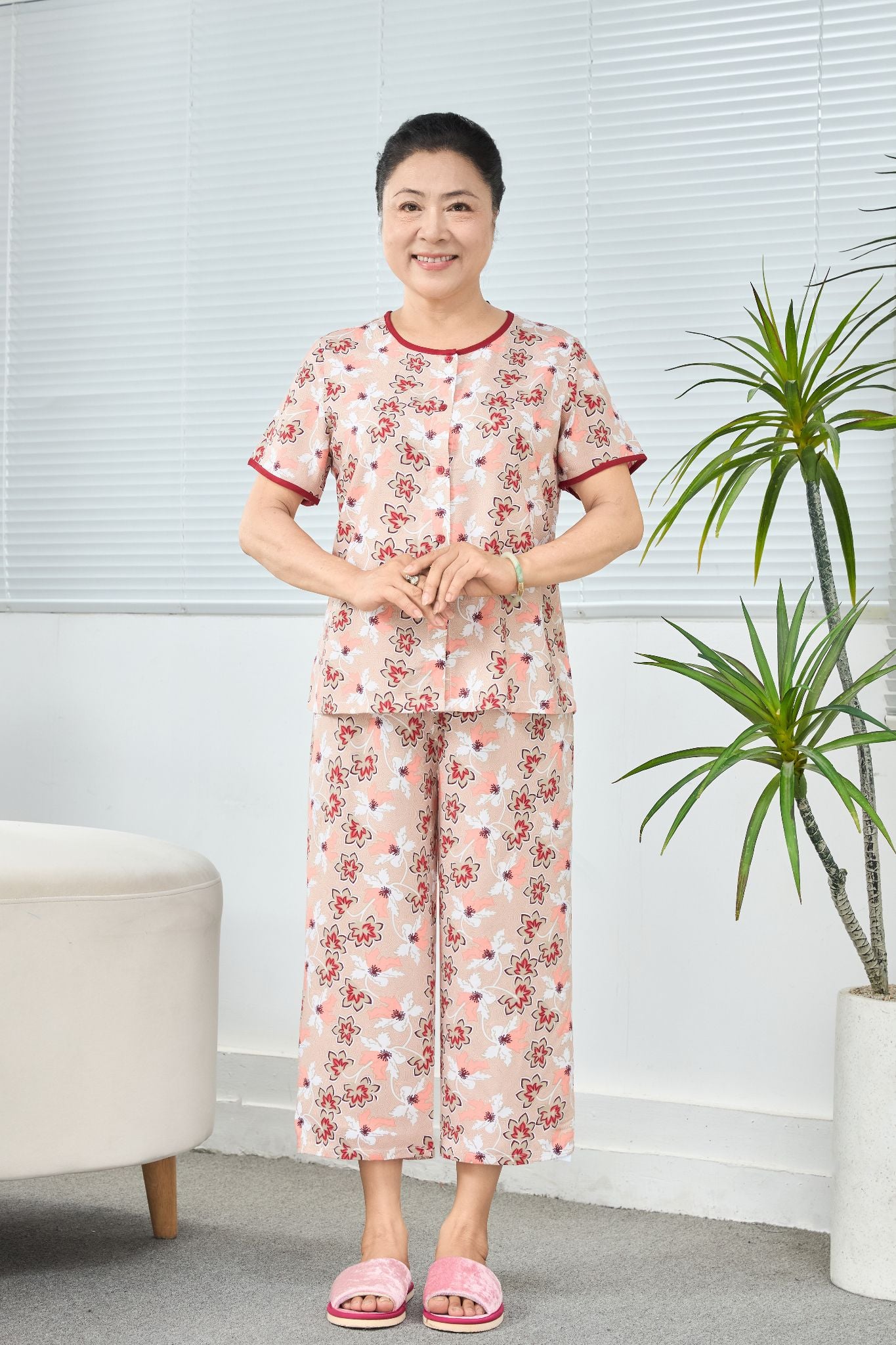 Q481132506 - Bộ Lỡ Mặc Nhà Lanh Hoa Cổ Viền Nẹp Nút