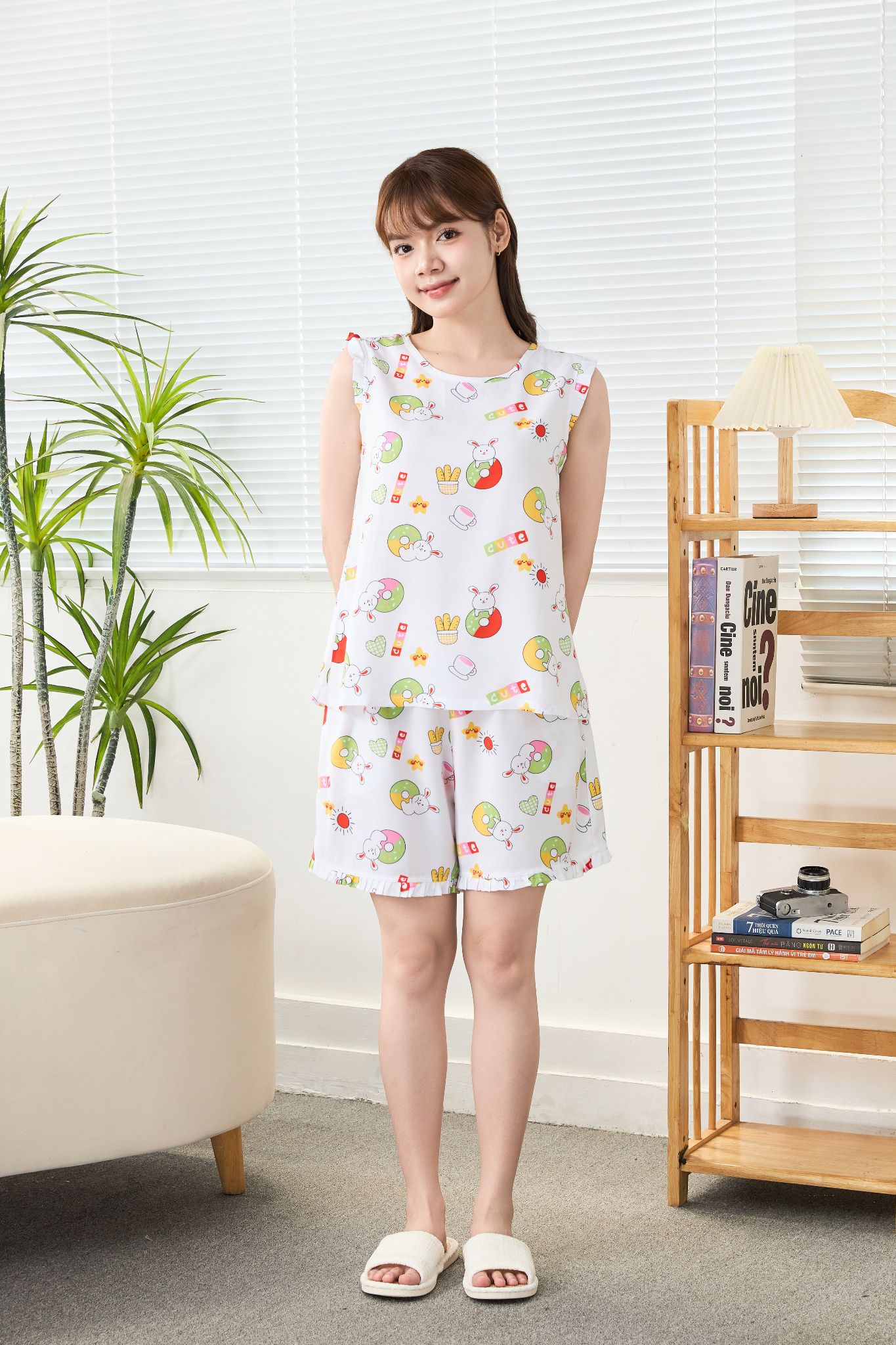 Q431132606 - Bộ Ngắn Mặc Nhà Vải Lanh Thoáng Mát Cổ Tròn Sát Nách
