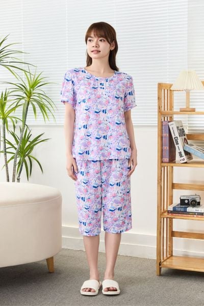 A441142503 - Bộ Lửng Mặc Nhà Lanh Phối Ren Tay Phồng