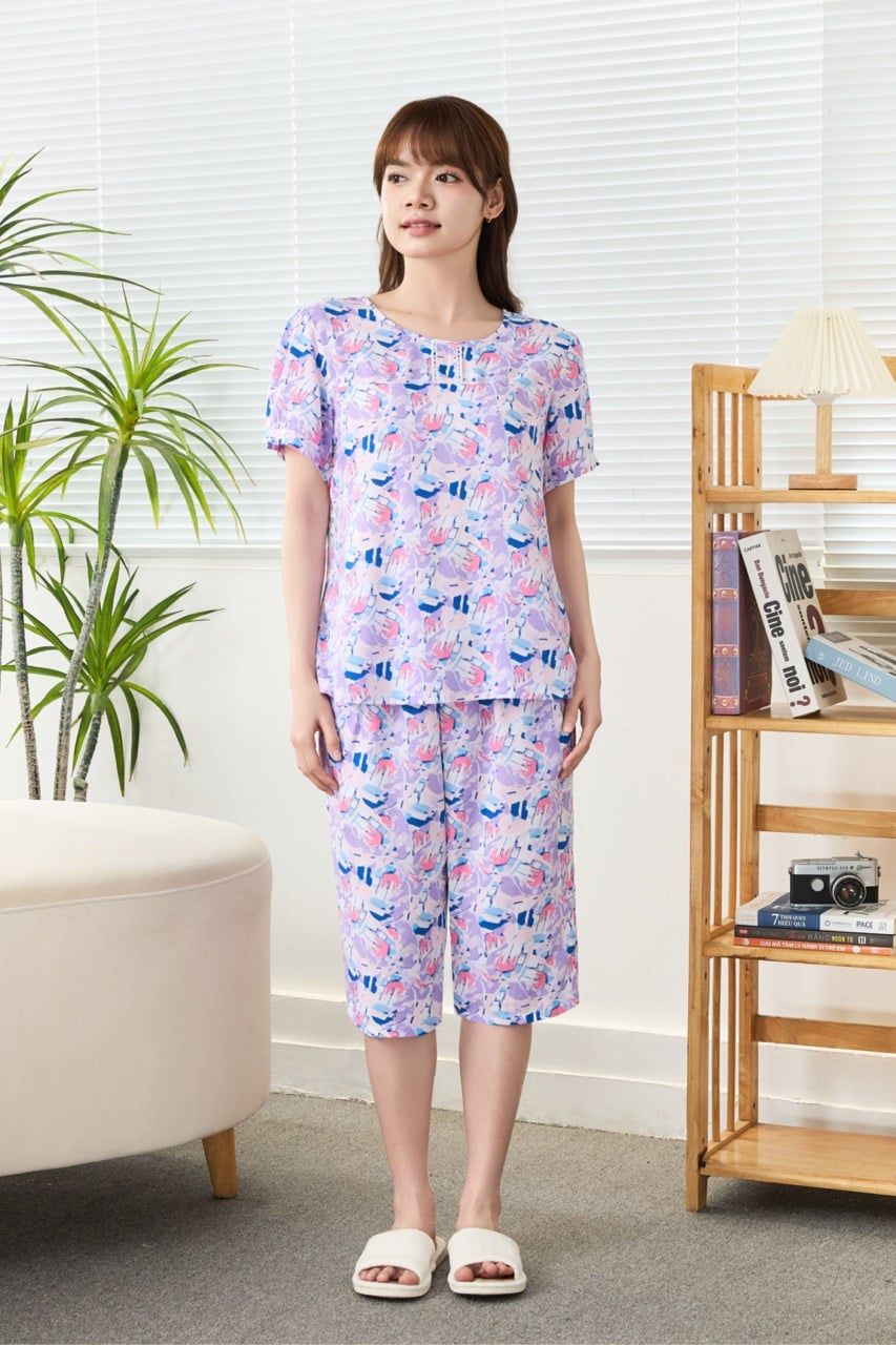 A441142503 - Bộ Lửng Mặc Nhà Lanh Phối Ren Tay Phồng