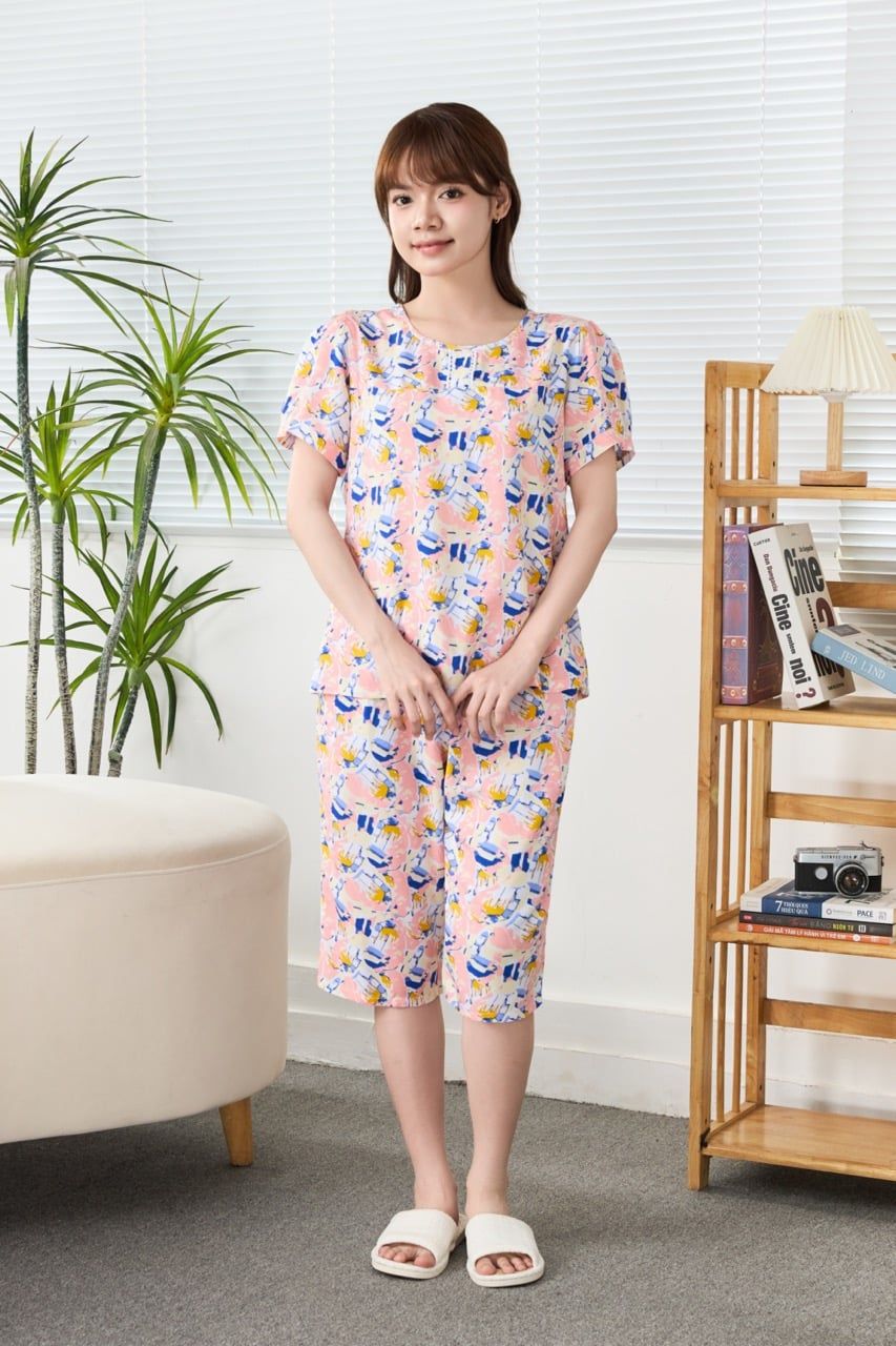 A441142503 - Bộ Lửng Mặc Nhà Lanh Phối Ren Tay Phồng