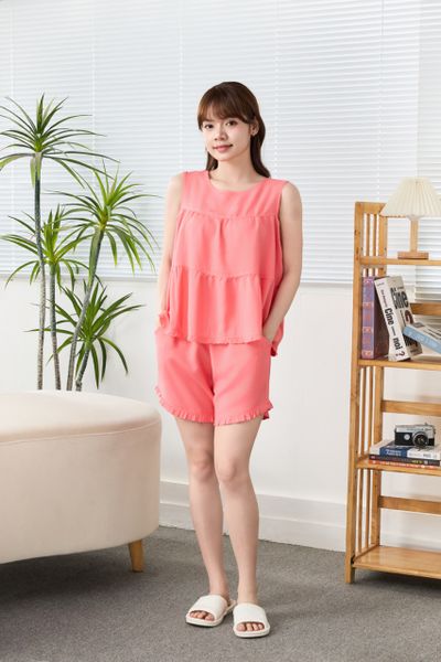 Q431332604 - Bộ Ngắn Mặc Nhà Vải Lanh Cổ Tròn Hai Tầng