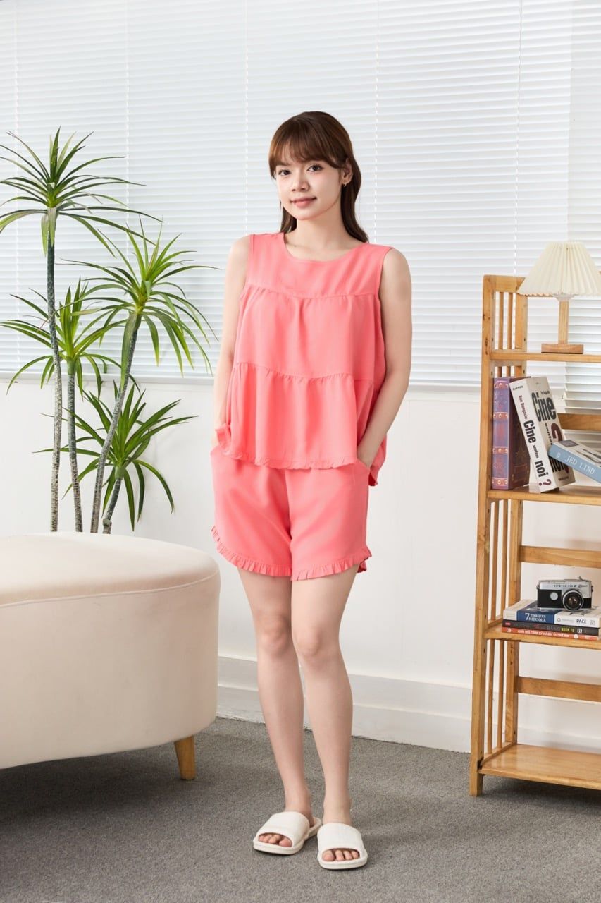 Q431332604 - Bộ Ngắn Mặc Nhà Vải Lanh Cổ Tròn Hai Tầng