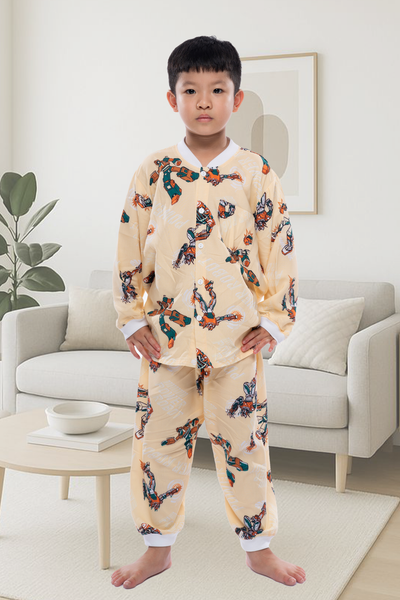 Q35112302- Đồ bộ mặc nhà bé trai vải lanh quần dài áo cổ tròn họa tiết siêu nhân