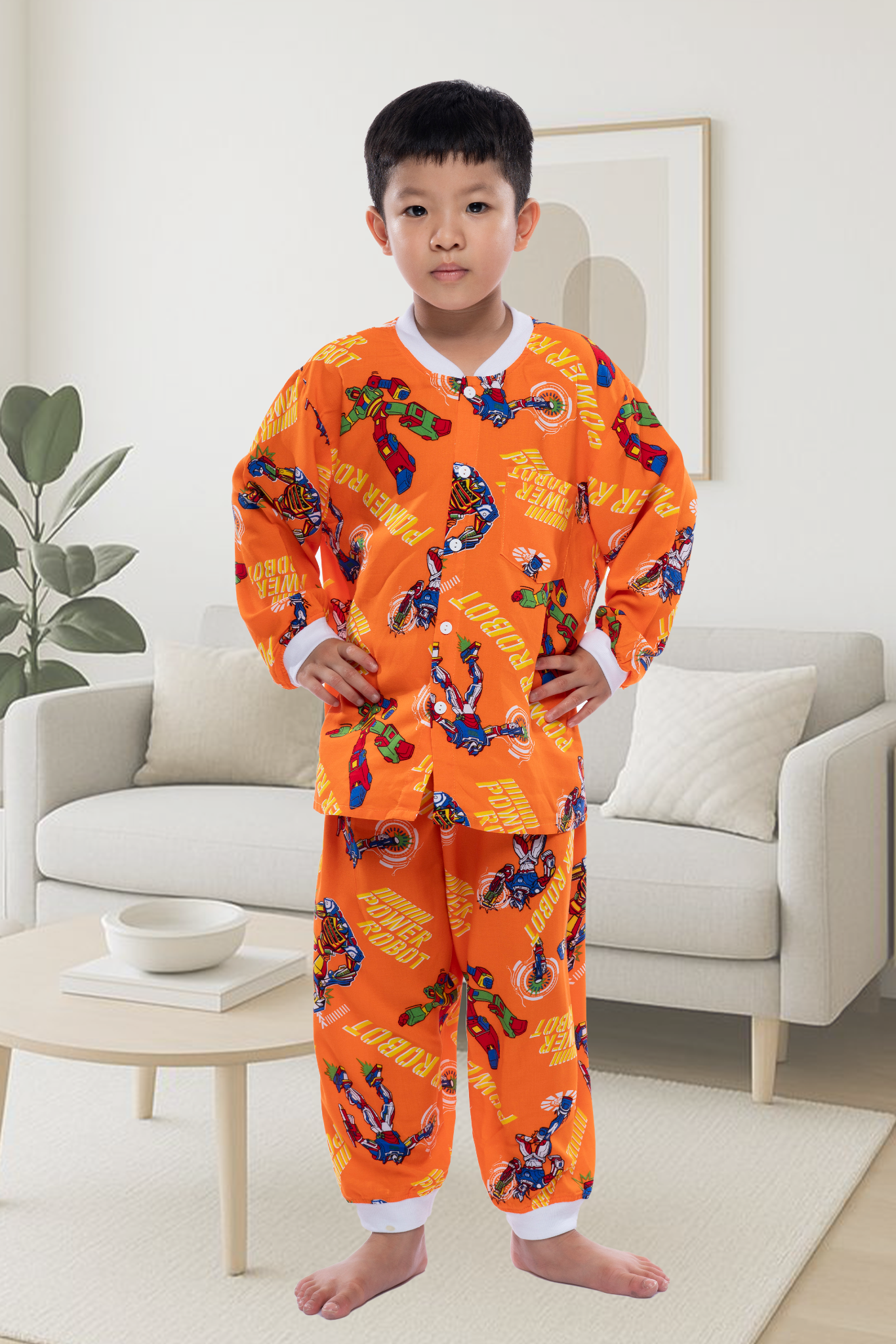 Q35112302- Đồ bộ mặc nhà bé trai vải lanh quần dài áo cổ tròn họa tiết siêu nhân