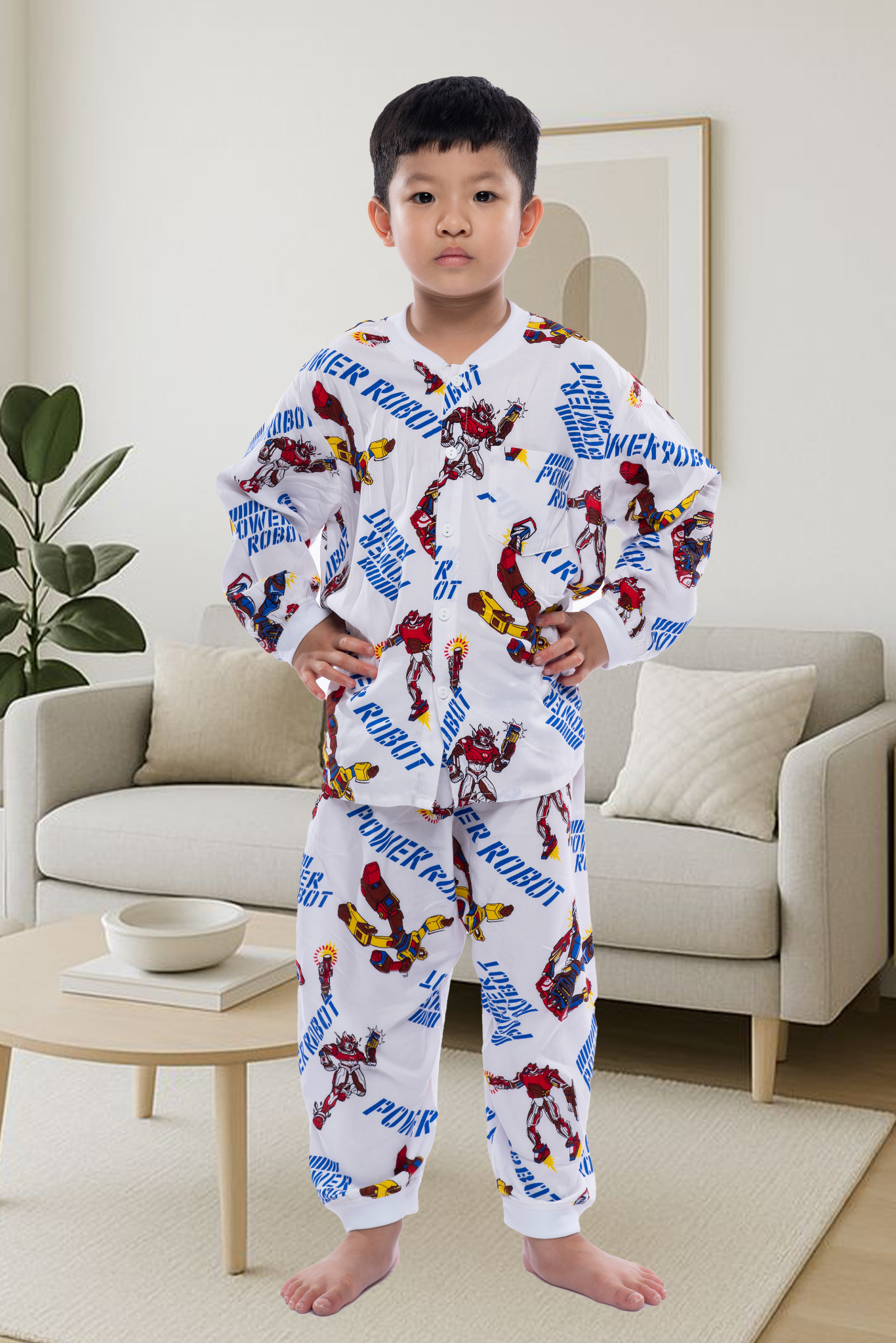 Q35112302- Đồ bộ mặc nhà bé trai vải lanh quần dài áo cổ tròn họa tiết siêu nhân