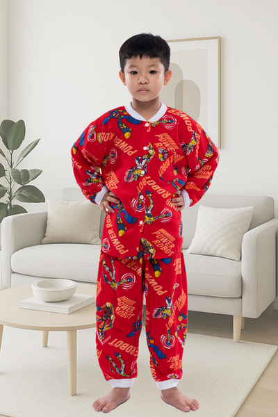 Q35112302- Đồ bộ mặc nhà bé trai vải lanh quần dài áo cổ tròn họa tiết siêu nhân