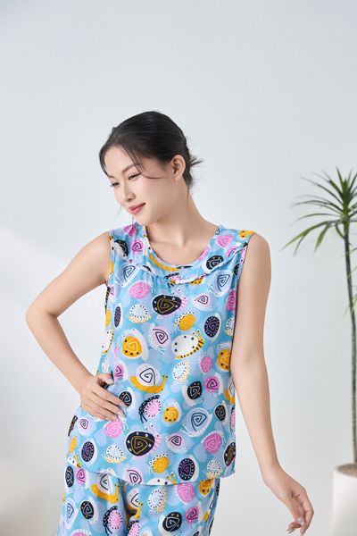 Q431132503 - Bộ ngắn mặc nhà Lanh hoa cổ tròn bèo, sát nách