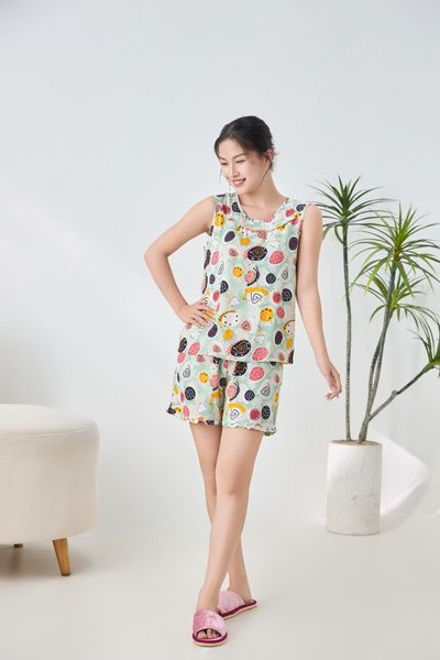 Q431132503 - Bộ ngắn mặc nhà Lanh hoa cổ tròn bèo, sát nách