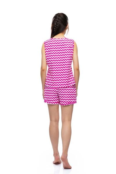 Q43218030 - Bộ ngắn mặc nhà Cotton Sát Nách Họa Tiết Ziczac Cổ Tròn Phối Rã Đô