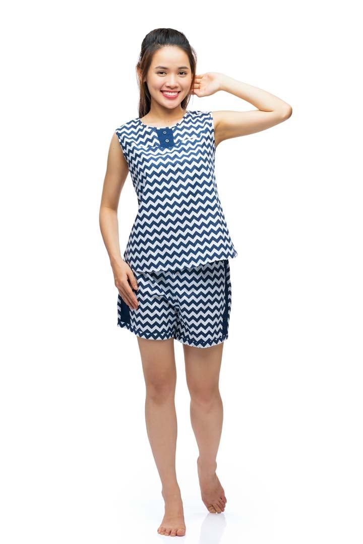Q43218030 - Bộ ngắn mặc nhà Cotton Sát Nách Họa Tiết Ziczac Cổ Tròn Phối Rã Đô
