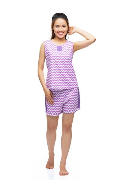 Q43218030 - Bộ ngắn mặc nhà Cotton Sát Nách Họa Tiết Ziczac Cổ Tròn Phối Rã Đô