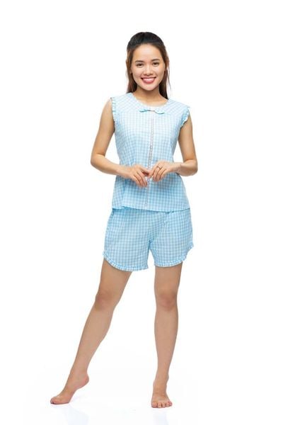 Q43219090 - Đồ bộ mặc nhà cotton quần đùi áo cộc tay họa tiết caro đơn giản